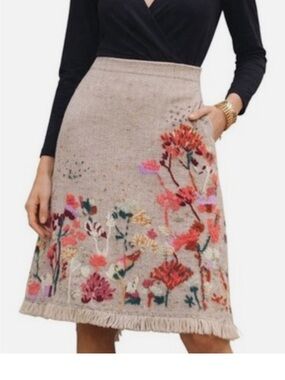 Floral Embroidered Beige A-Line Skirt Anthropologie Sleeping On Snow